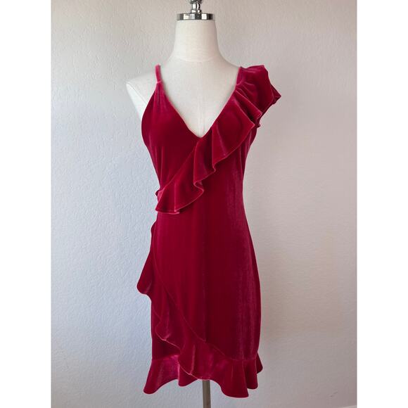 Express Velvet Red One Shoulder Mini Dress Ruffle V Neck size Small Whimsigoth - Picture 2 of 11